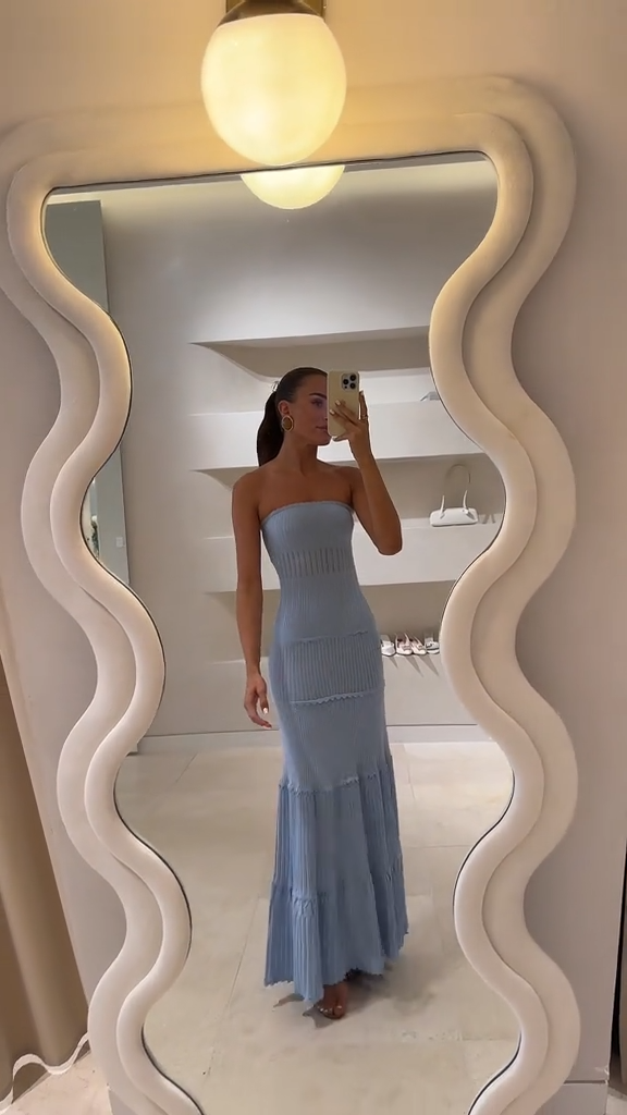Elegant Light Blue Strapless Maxi Dress